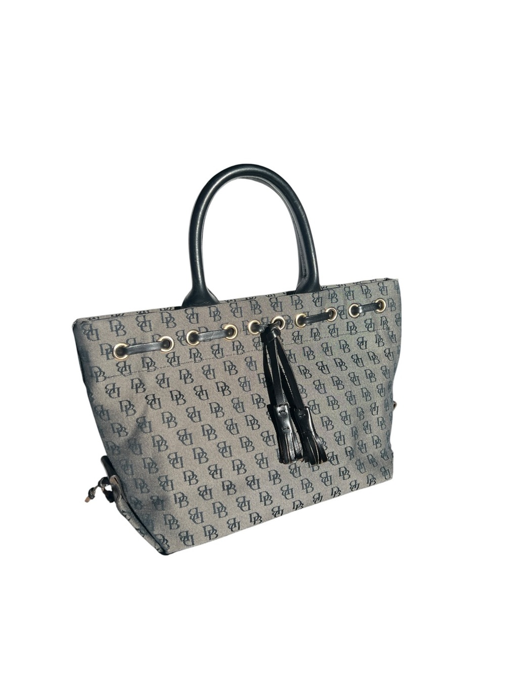 Vintage Dooney & Bourke Signature Monogram Canvas Tassel Drawstring Tote Bag